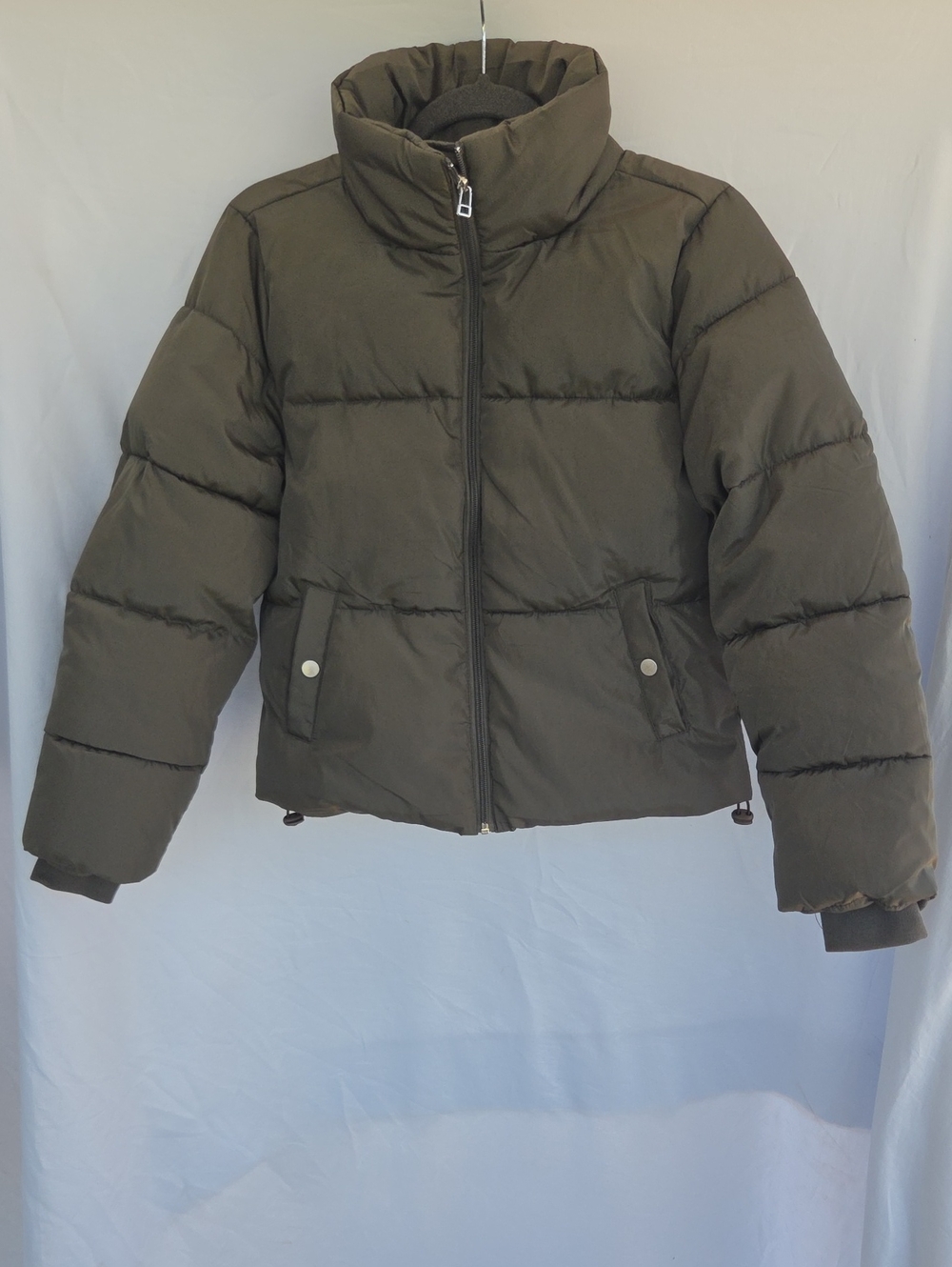 Women's Olive Green Puffer Jacket - High Collar Winter Coat
